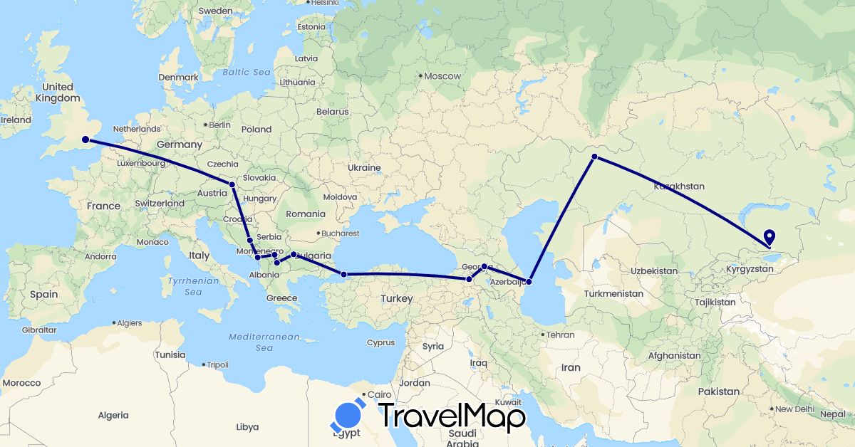 TravelMap itinerary: driving in Austria, Azerbaijan, Bosnia and Herzegovina, Bulgaria, United Kingdom, Georgia, Kazakhstan, Montenegro, Macedonia, Turkey, Kosovo (Asia, Europe)